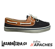 Cargar imagen en el visor de la galería, APACHES PLAYEROS HOMBRE CP96 LONA NEGRO CUERO COGNAC CORDON BLANCO
